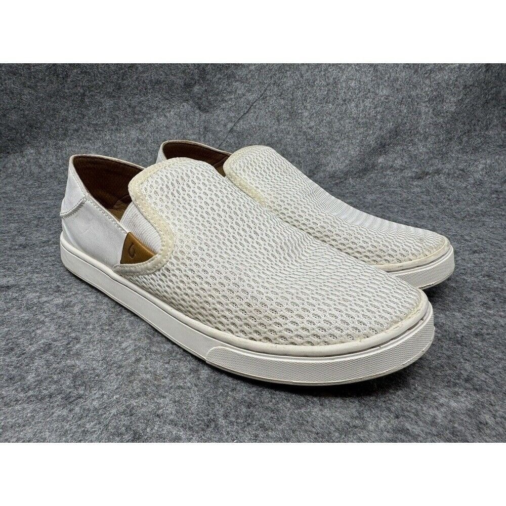 OluKai Pehuea SlipOn Shoes Womens Size 8 White Leather Mesh Sneaker Deck Coastal
